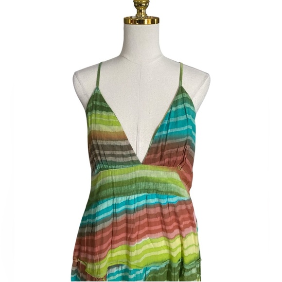 Solitaire Women Strappy Multicolor Striped Cotton Flowy Boho Tiered Maxi Dress L - Picture 5 of 9